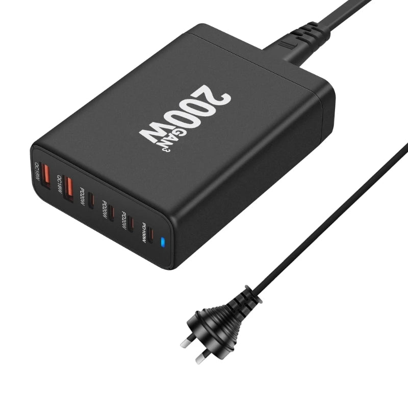 200W USB tipo C cargador PD carga rápida teléfono cargador rápido 6 puertos para teléfono móvil tableta portátil